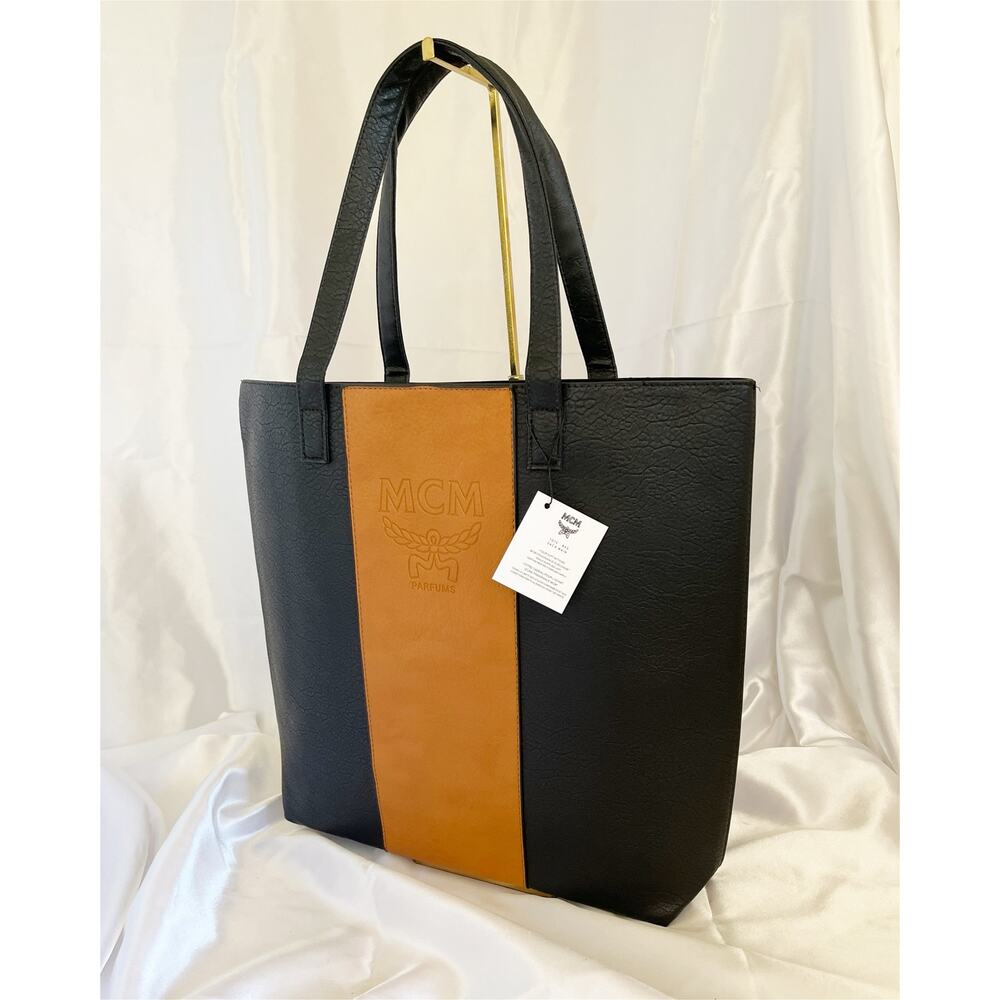 MCM Parfums Faux Vegan Leather Tote Bag Black Orange